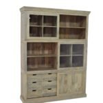 Rustic Mango Wood Buffet Cabinet with Glass Hutch & Drawers