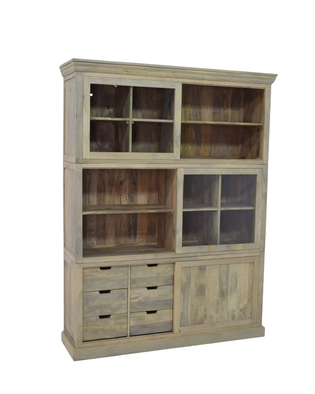 14 Rustic Mango Wood Buffet Cabinet with Glass Hutch & Drawers - Image 1