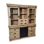 Industrial Mango Wood Buffet Cabinet with Triple Glass & Metal Sliding Doors