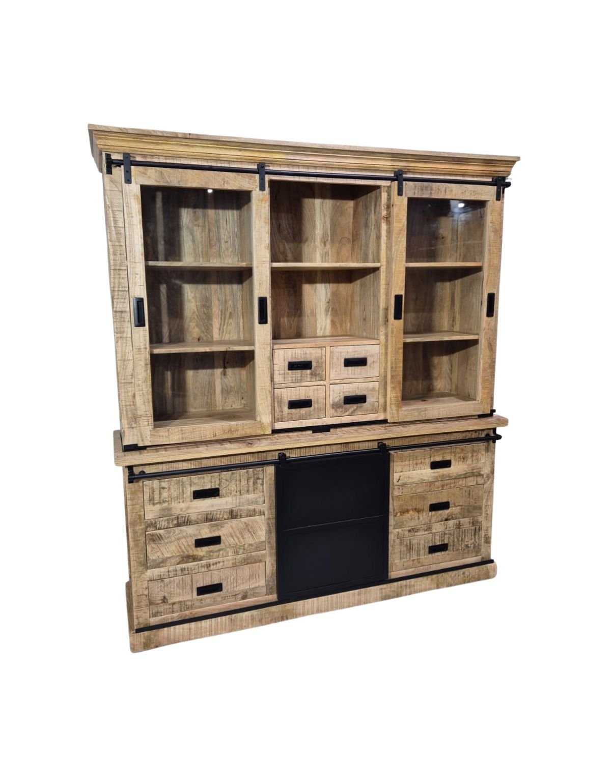 18 Industrial Mango Wood Buffet Cabinet with Triple Glass & Metal Sliding Doors - Image 1