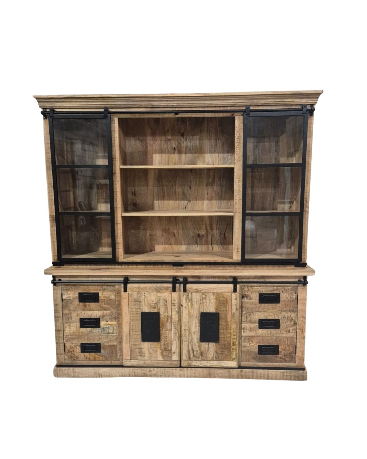 23 Industrial Mango Wood Buffet Cabinet with Sliding Glass & Wooden Doors - Image 1