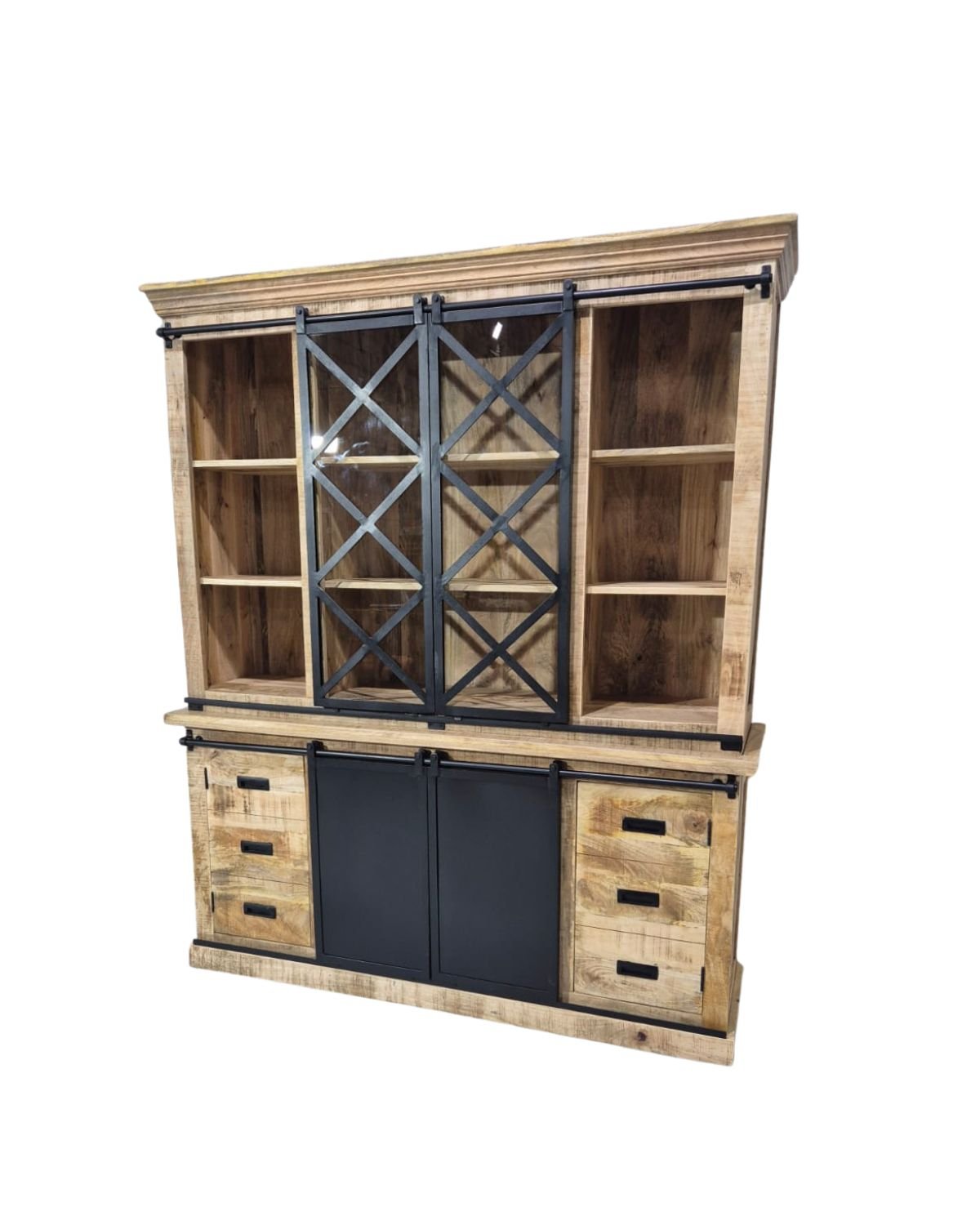 28 Industrial Mango Wood Buffet Cabinet with X-Frame Sliding Doors - Image 1
