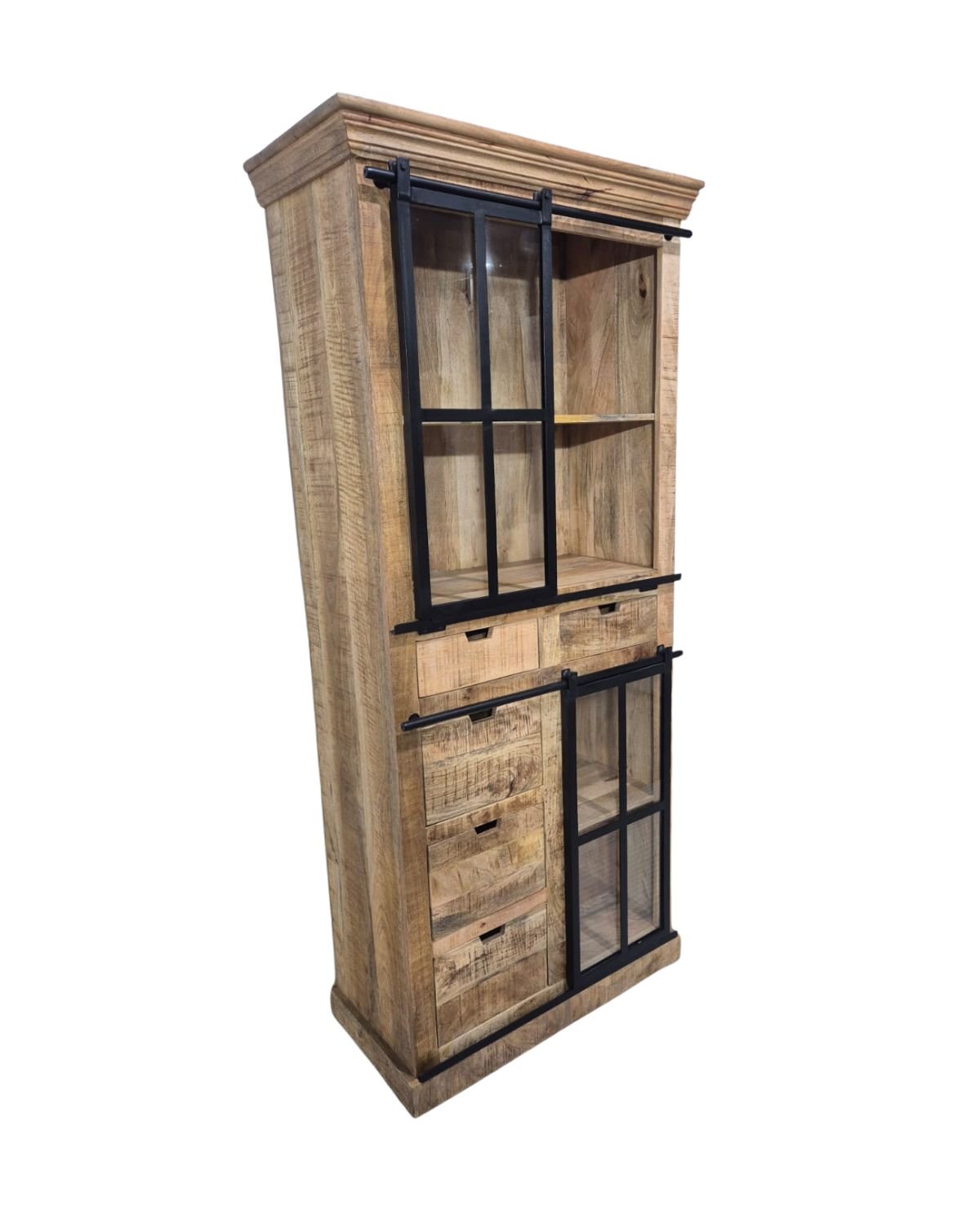 31 Tall Industrial Mango Wood Buffet Cabinet with Sliding Glass Doors - Image 1