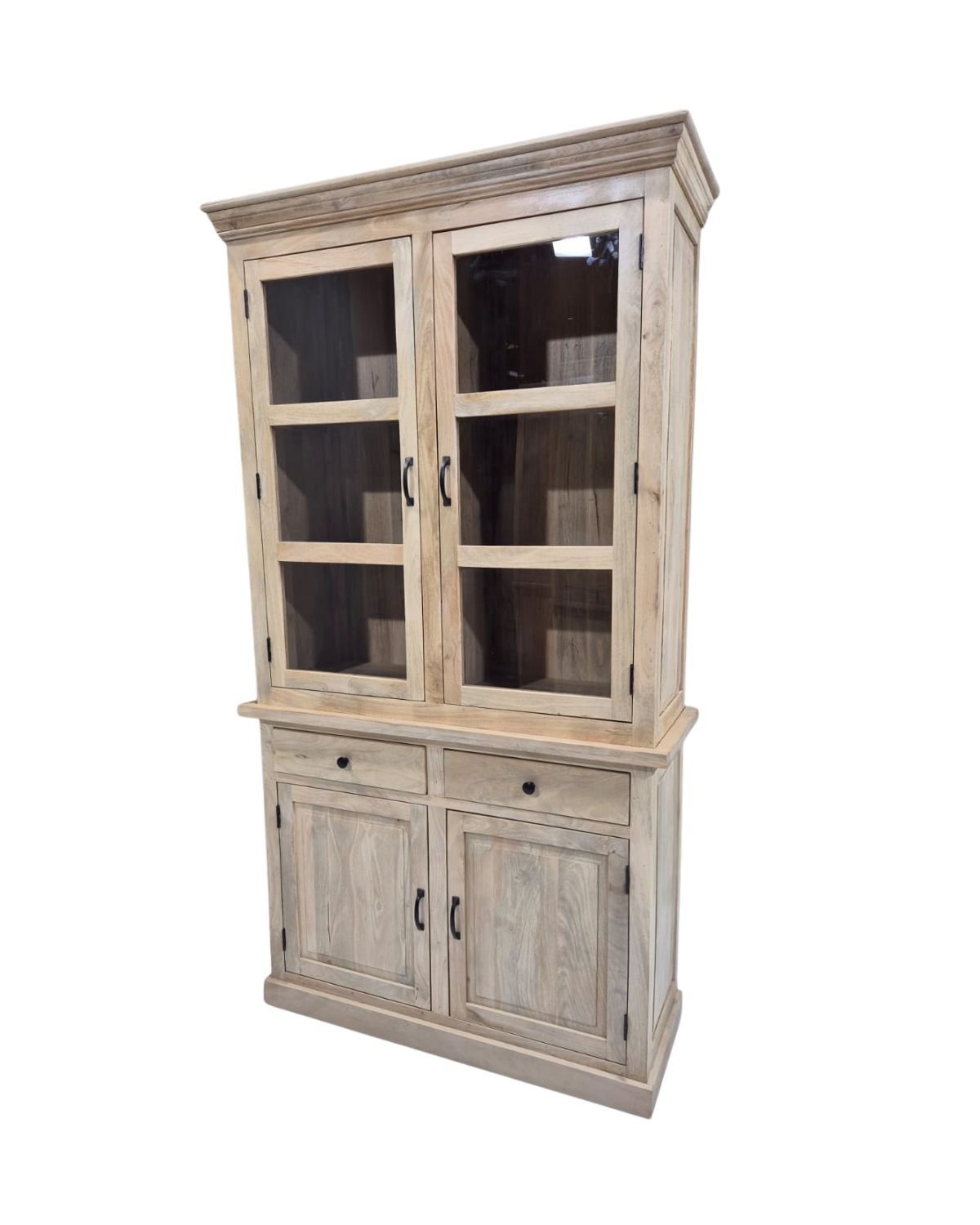 34 Classic Light Mango Wood Buffet & Hutch with Glass Doors - Image 1