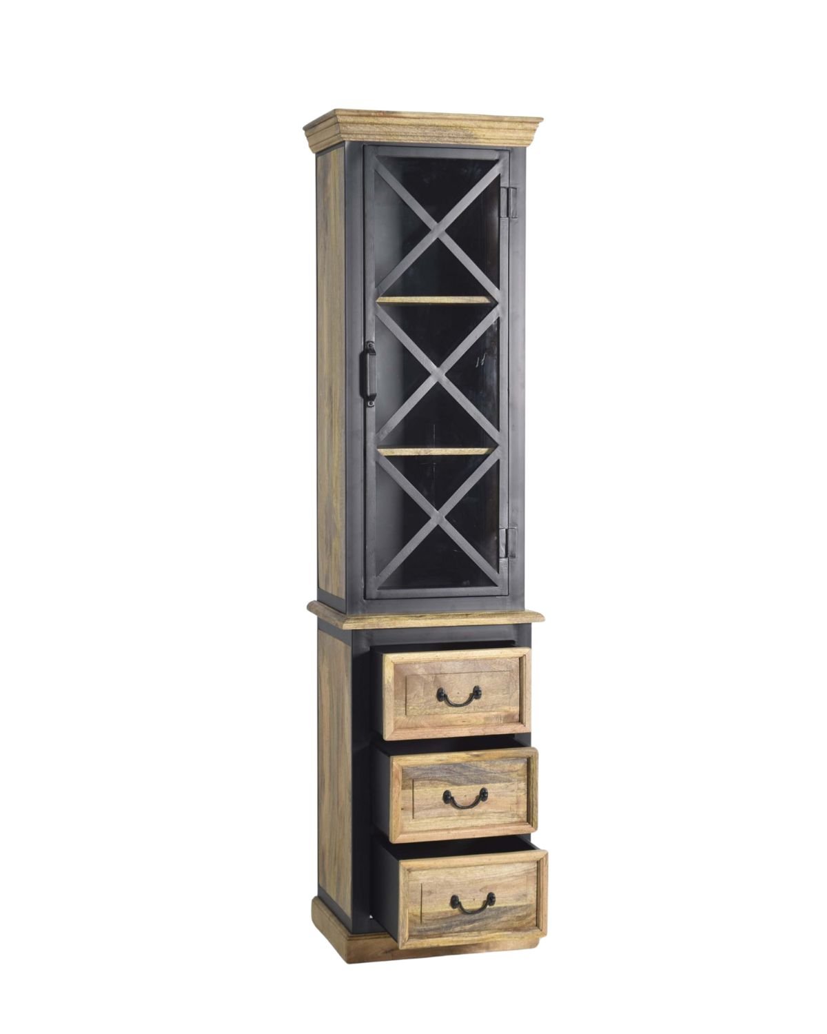 41 Tall Industrial Mango Wood Cabinet with X-Frame Glass Door - Image 1