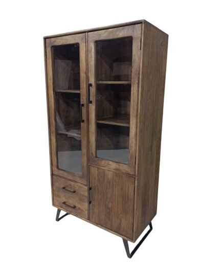 Modern Mango Wood Display Cabinet with Glass Doors & Metal Legs