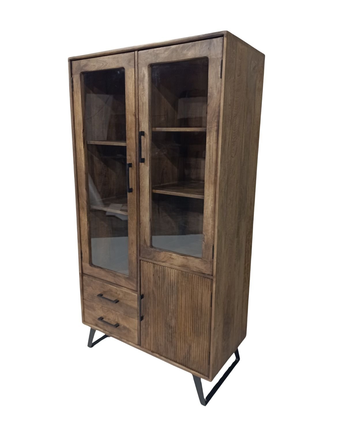 64 Modern Mango Wood Display Cabinet with Glass Doors & Metal Legs - Image 1