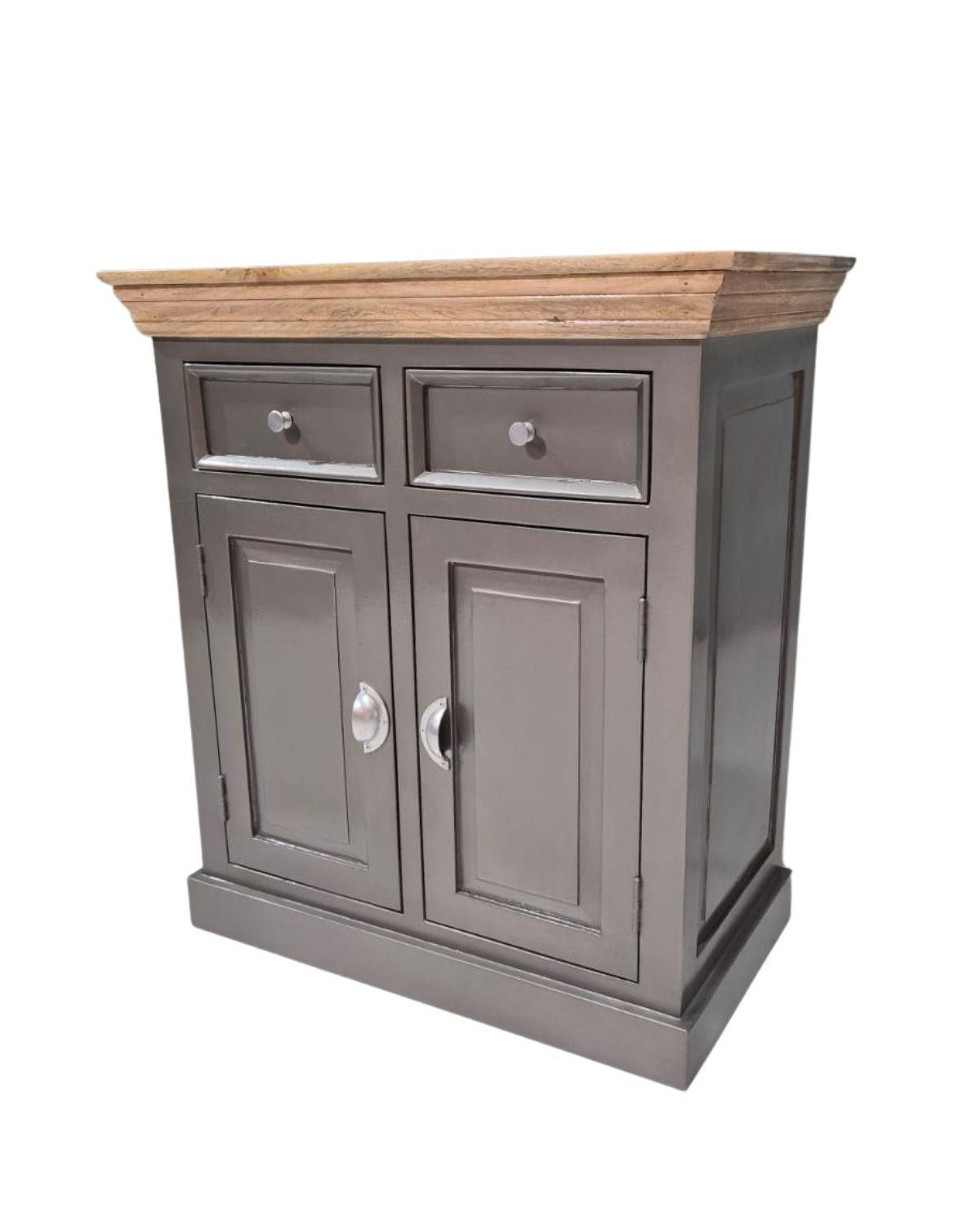 69 Grey Compact Sideboard Cabinet with Natural Wood Top - Image 1