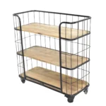 Industrial Wire Basket Wooden Storage Trolley