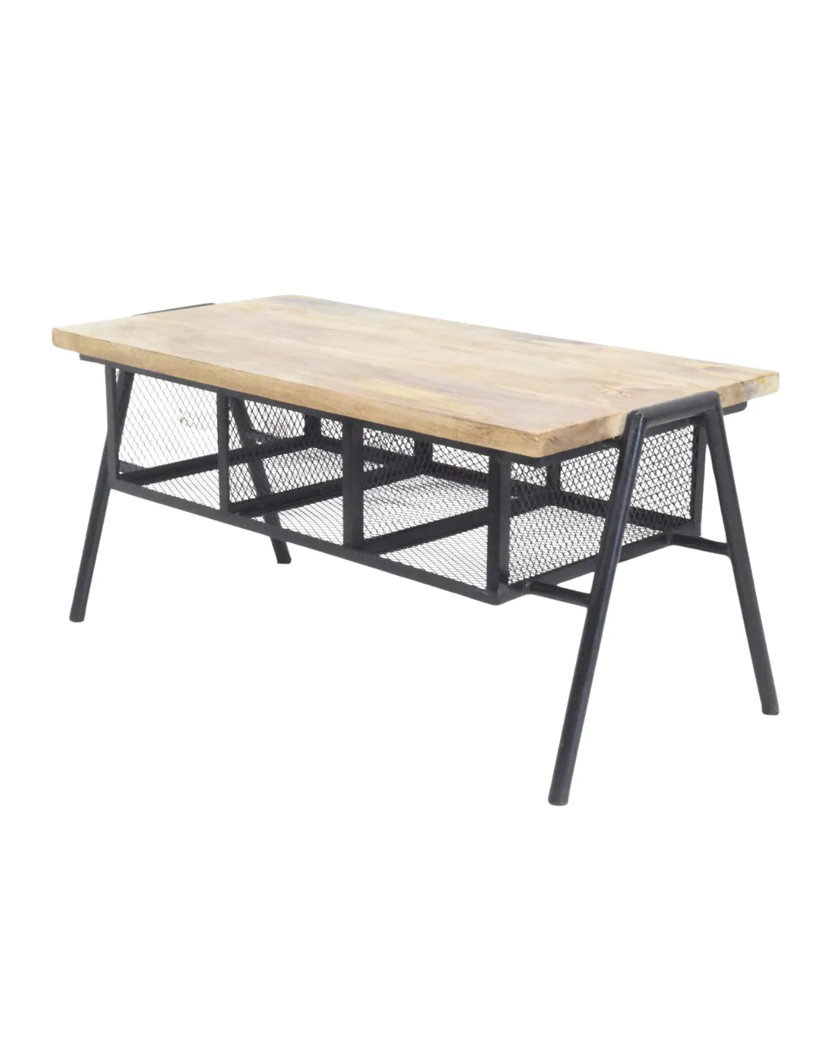 MSC-88 Industrial Wooden Coffee Table with Mesh Storage - Image 1