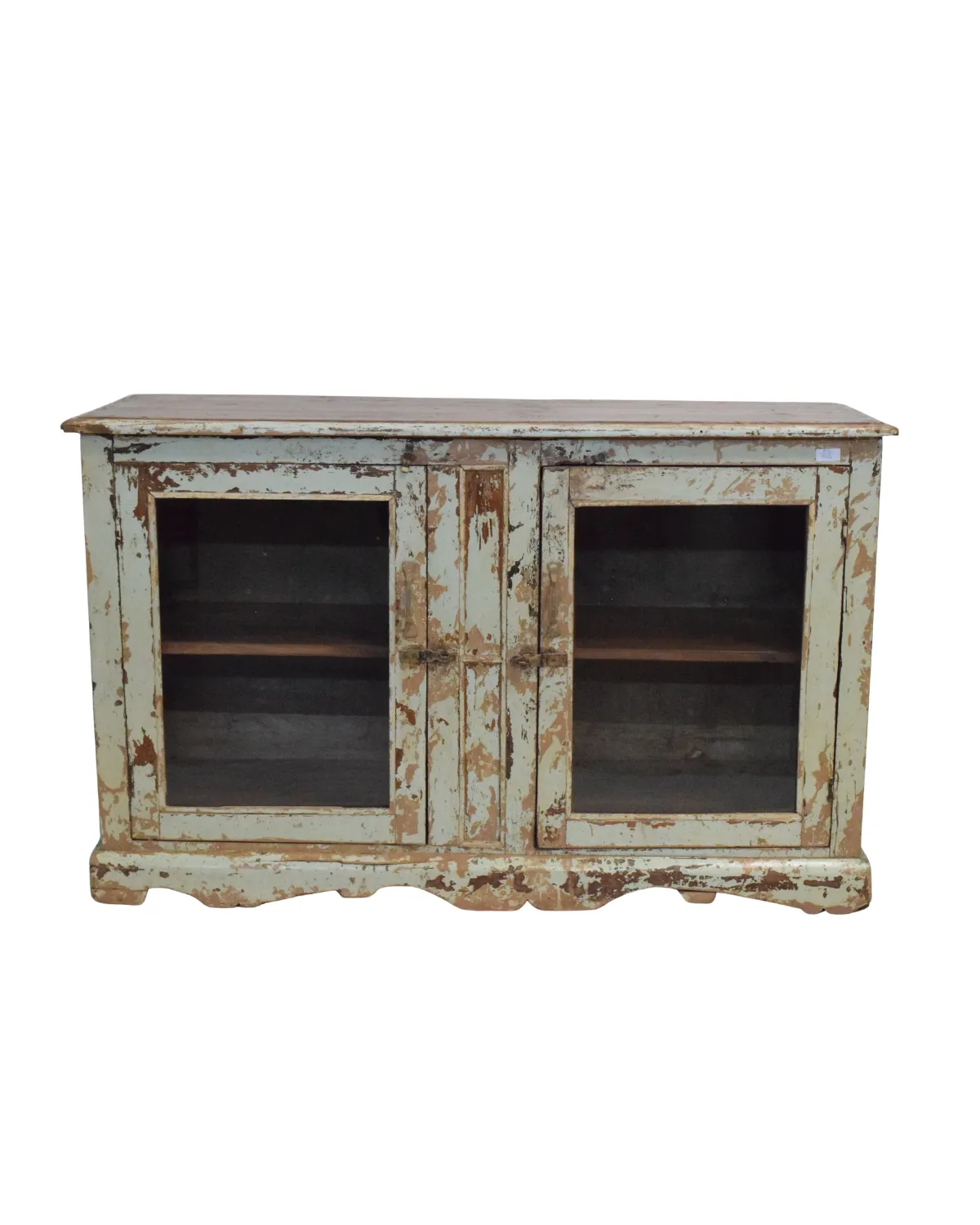 Vintage -16 Antique Sage Green Distressed Wooden Display Cabinet - Image 1
